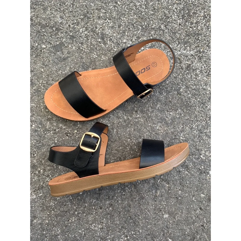 Soda Black and Tan Strappy Buckle Sandals